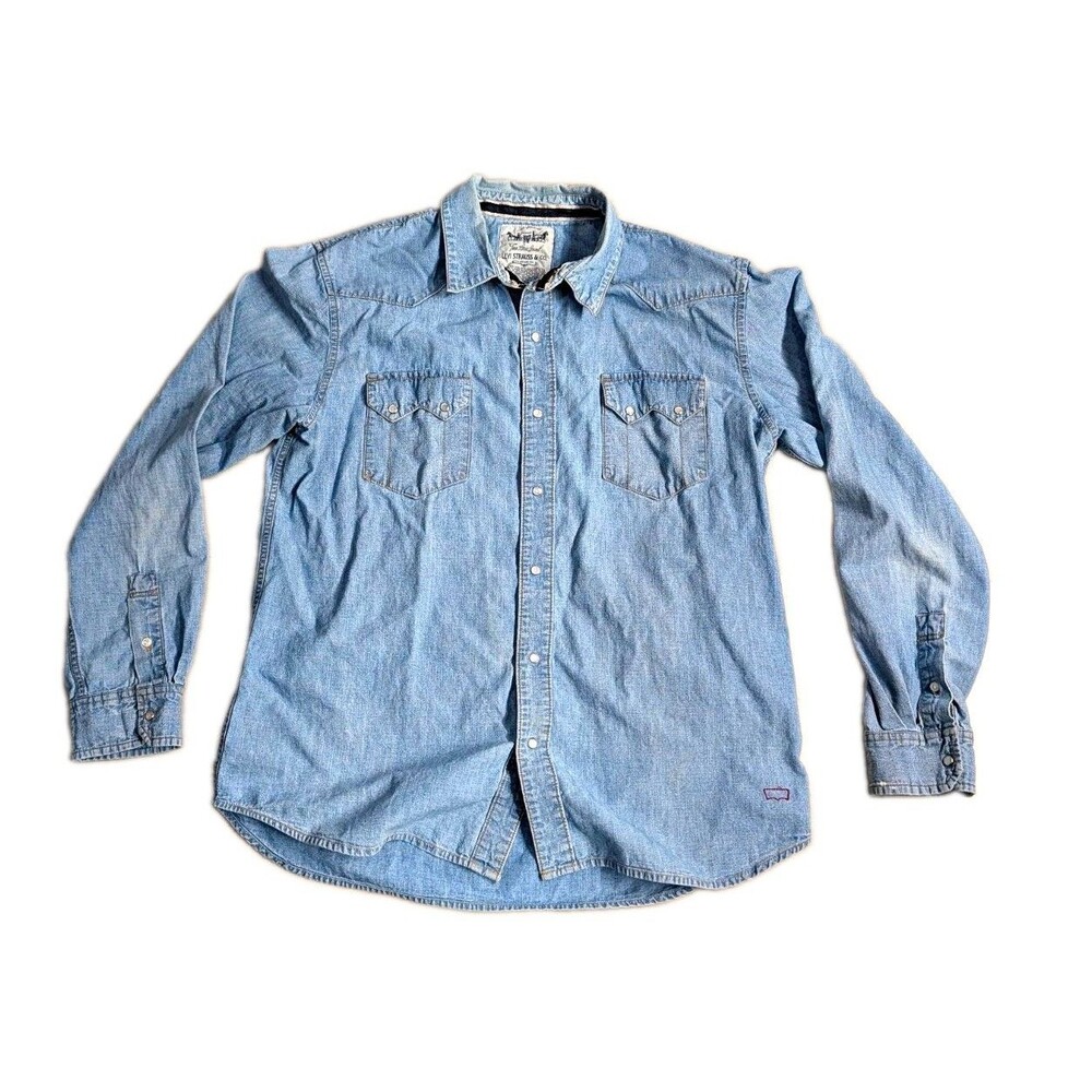 Levi Strauss & Co. Mens XL Reg Blue Solid Denim Cotton Button-Up Shirt Pockets